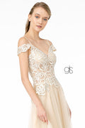 Elizabeth K GL2953's Long Dress with Sheer Cold Shoulders and Intricate Embroidery
