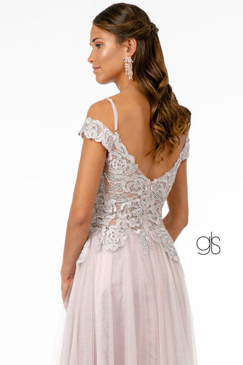 Elizabeth K GL2953's Long Dress with Sheer Cold Shoulders and Intricate Embroidery