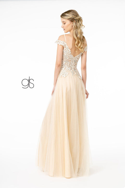 Elizabeth K GL2953's Long Dress with Sheer Cold Shoulders and Intricate Embroidery