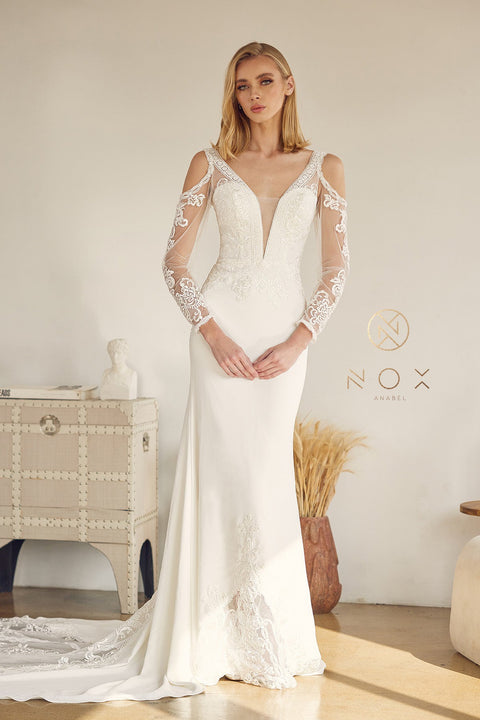 Long Sleeve Embroidered  Bridal Dress by Nox Anabel JE916