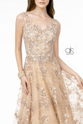 Elizabeth K GL2884's V-Neck Sleeveless Dress with Intricate Embroidery