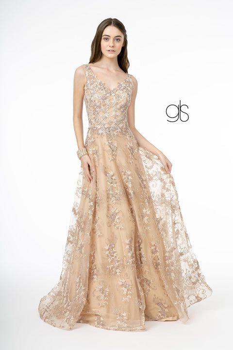 Elizabeth K GL2884's V-Neck Sleeveless Dress with Intricate Embroidery