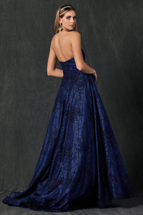 Long Embroidered Strapless Dress by Juliet 692
