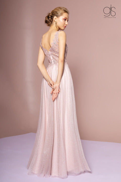 Elizabeth K GL2692's Glittering Long V-Neck Dress with Elaborate Embroidery