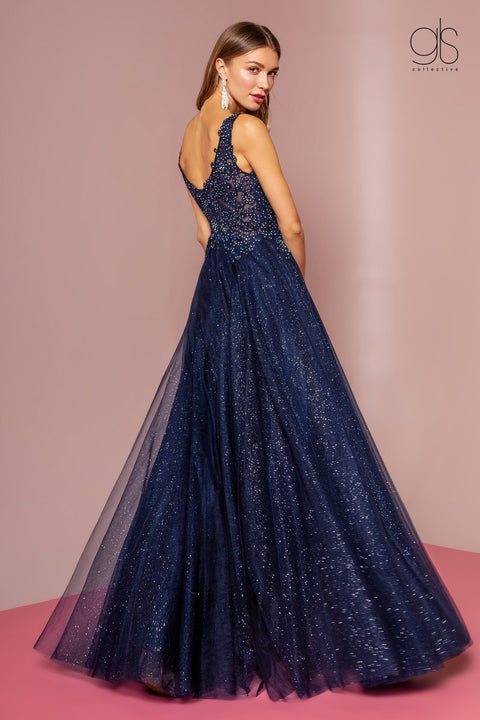 Embroidered Long V-Neck Glitter Dress by Elizabeth K GL2692
