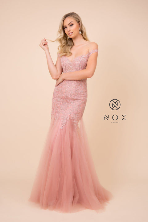 Off Shoulder Embroidered Mermaid Dress by Nox Anabel J325