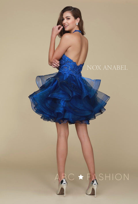 Short Embroidered Halter Dress with Tiered Skirt by Nox Anabel A610
