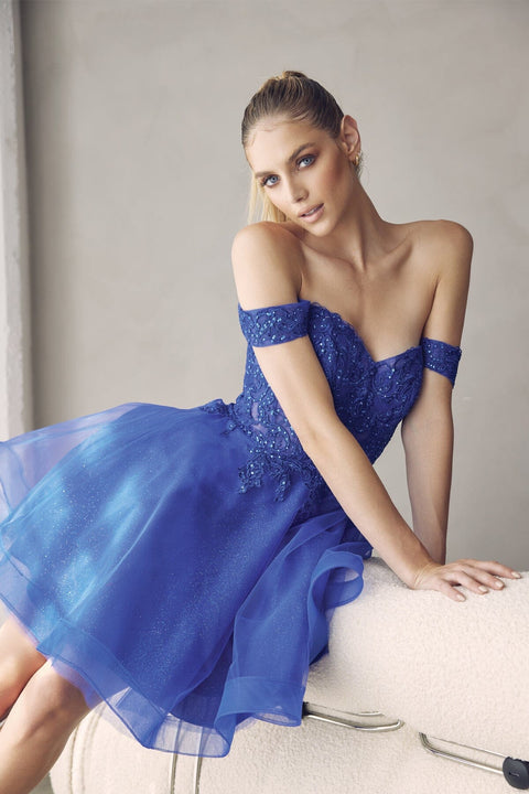 Juliet 880's Off-Shoulder Short Dress with Elaborate Embroidery