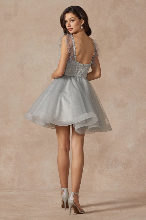 Juliet 881's Sleeveless Feathered Short Dress with Elaborate Embroidery