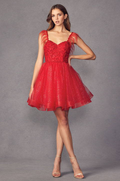 Juliet 881's Sleeveless Feathered Short Dress with Elaborate Embroidery