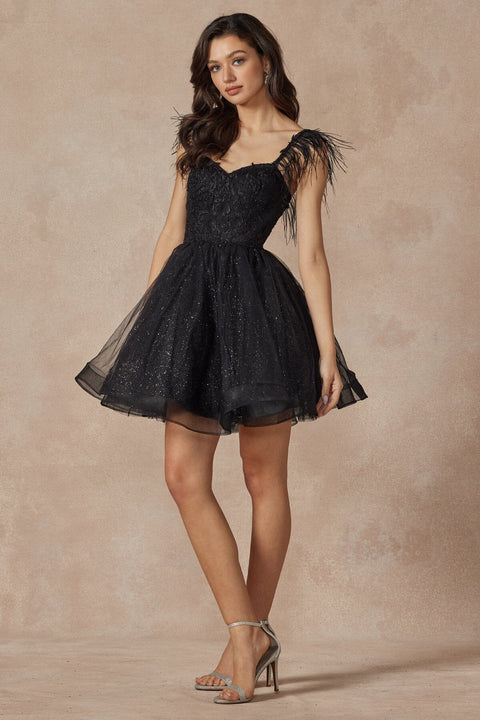 Juliet 881's Sleeveless Feathered Short Dress with Elaborate Embroidery