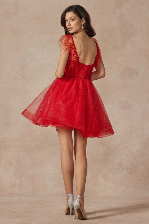 Juliet 881's Sleeveless Feathered Short Dress with Elaborate Embroidery