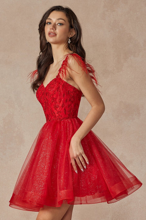 Juliet 881's Sleeveless Feathered Short Dress with Elaborate Embroidery