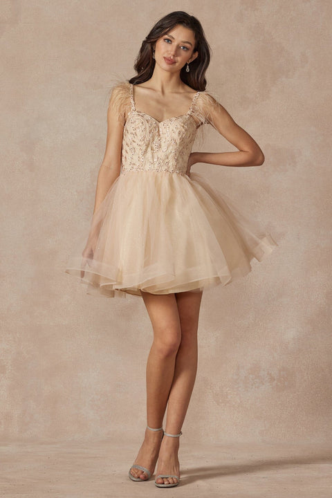 Juliet 881's Sleeveless Feathered Short Dress with Elaborate Embroidery