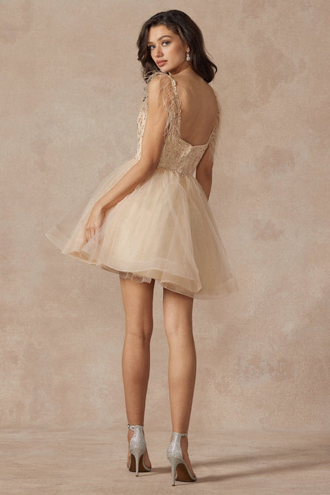 Juliet 881's Sleeveless Feathered Short Dress with Elaborate Embroidery