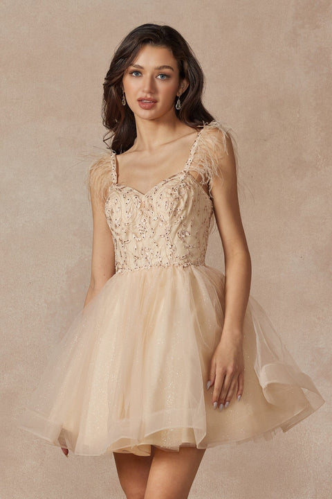 Juliet 881's Sleeveless Feathered Short Dress with Elaborate Embroidery