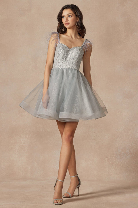 Juliet 881's Sleeveless Feathered Short Dress with Elaborate Embroidery
