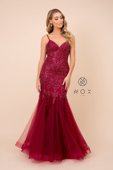 Sleeveless Embroidered Tulle Mermaid Dress by Nox Anabel H402