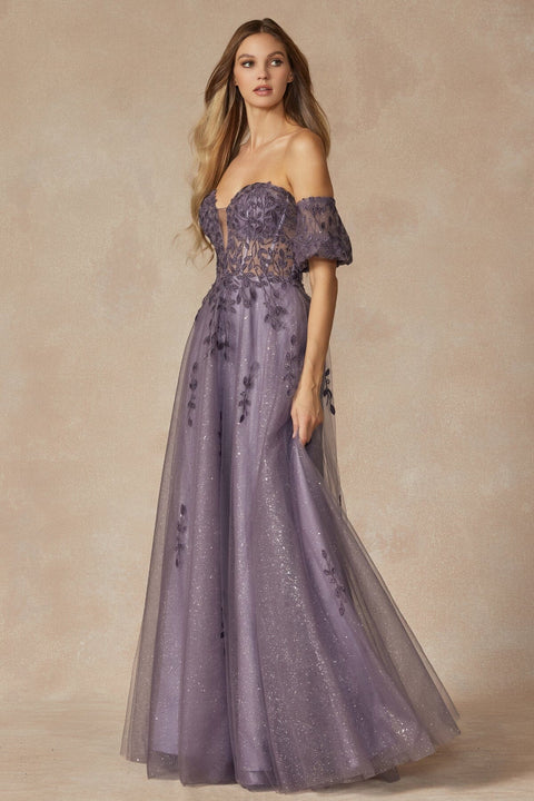 Juliet 2409's A-line Gown with Elaborate Embroidery and Strapless Design