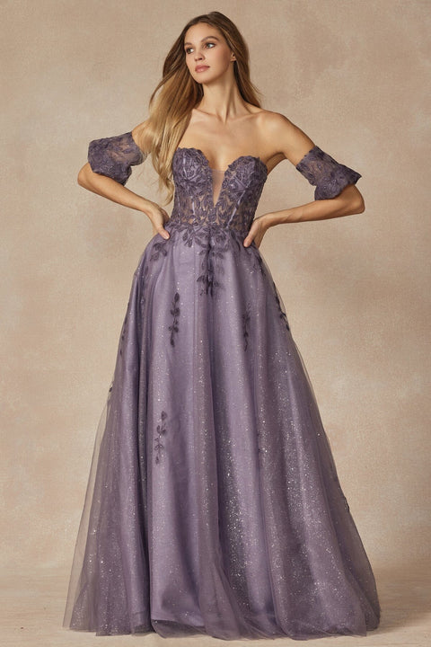 Juliet 2409's A-line Gown with Elaborate Embroidery and Strapless Design