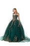 Coya L2726 presents an elegant ball gown with an embroidered strapless cape