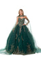 Coya L2726 presents an elegant ball gown with an embroidered strapless cape