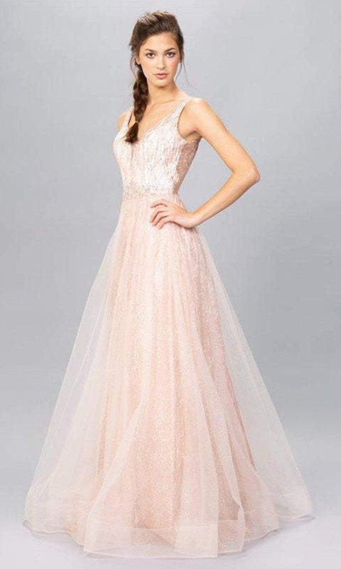Eureka Fashion - 9595 Plunging Neck Glittery Long Dress