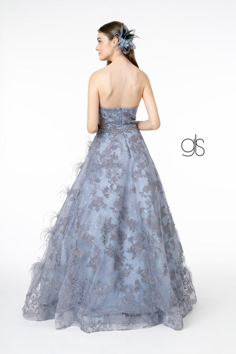 Elizabeth K GL1834's Strapless Ball Gown with Feather Embellishments