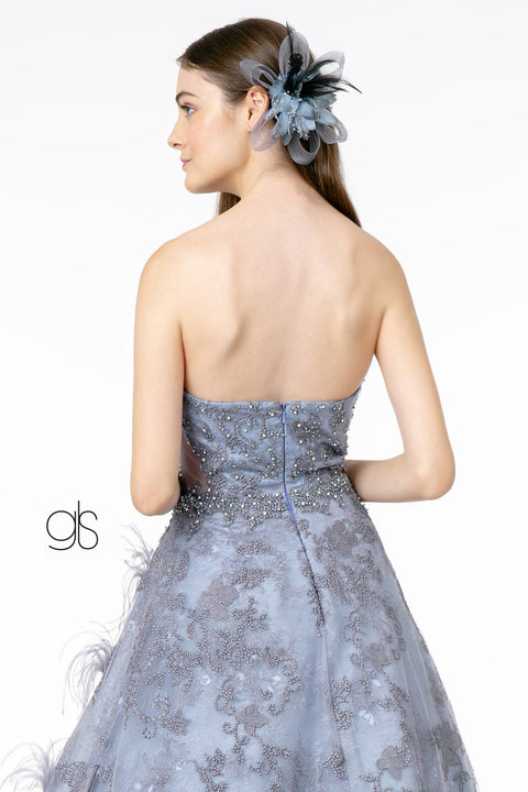 Elizabeth K GL1834's Strapless Ball Gown with Feather Embellishments