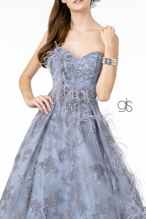 Elizabeth K GL1834's Strapless Ball Gown with Feather Embellishments