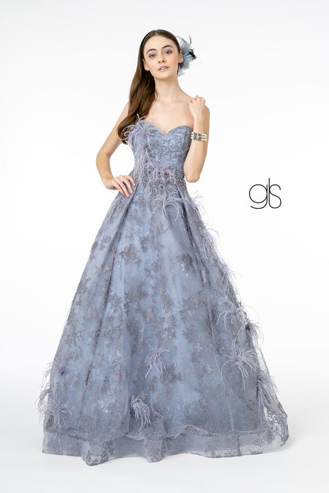 Elizabeth K GL1834's Strapless Ball Gown with Feather Embellishments