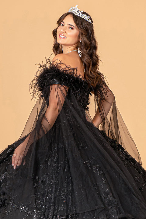 Off Shoulder Feather Ball Gown by Elizabeth K GL3101