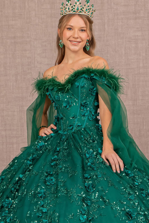 Off Shoulder Feather Ball Gown by Elizabeth K GL3101