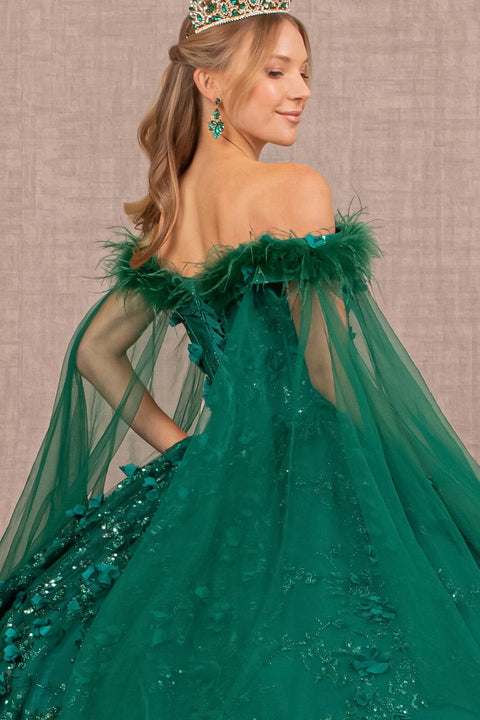 Off Shoulder Feather Ball Gown by Elizabeth K GL3101