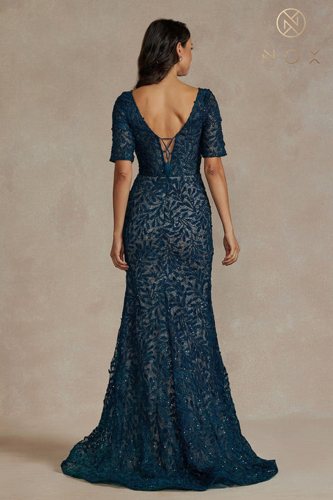 Mid-Sleeve Fitted Applique Gown by Nox Anabel JQ506