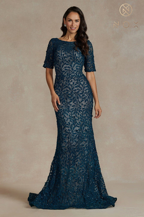 Mid-Sleeve Fitted Applique Gown by Nox Anabel JQ506
