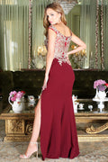 Adora 3057's Off-Shoulder Slit Gown with Fitted Appliqué