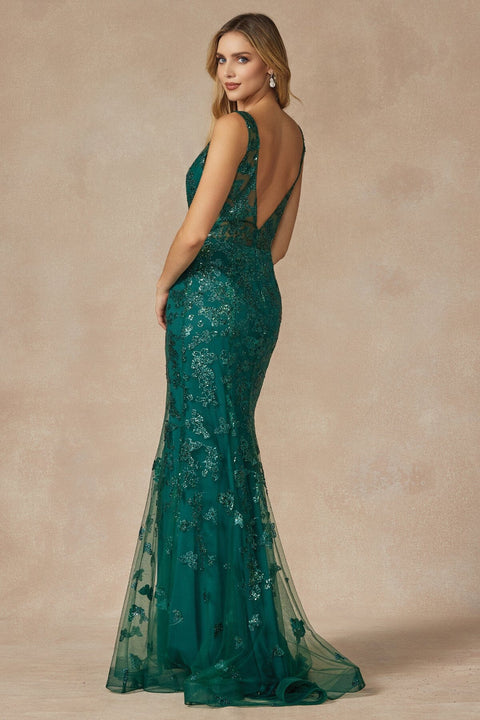 Juliet 294's V-Neck Gown with Fitted Silhouette, Glitter Print, and Butterfly Motif