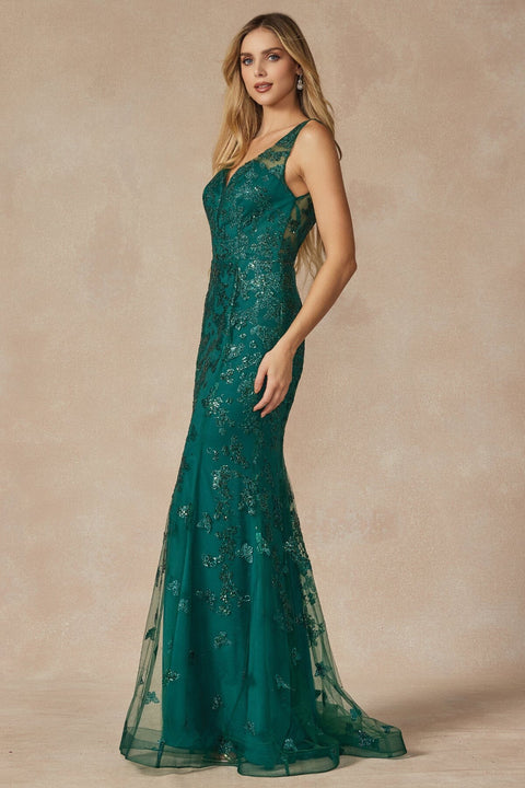 Juliet 294's V-Neck Gown with Fitted Silhouette, Glitter Print, and Butterfly Motif