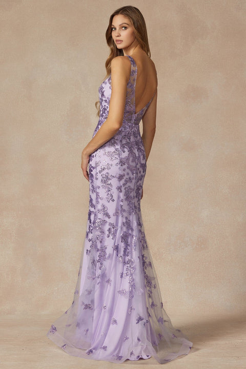 Juliet 294's V-Neck Gown with Fitted Silhouette, Glitter Print, and Butterfly Motif