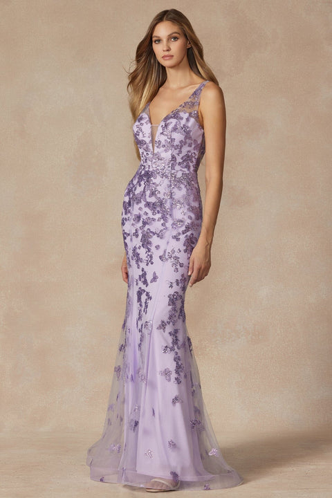 Juliet 294's V-Neck Gown with Fitted Silhouette, Glitter Print, and Butterfly Motif