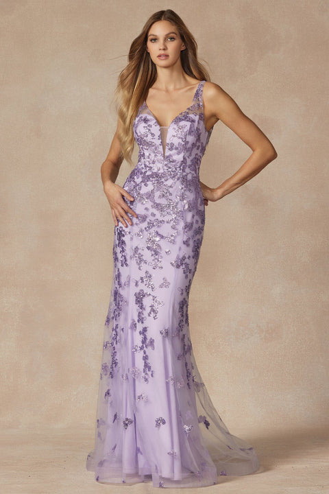 Juliet 294's V-Neck Gown with Fitted Silhouette, Glitter Print, and Butterfly Motif