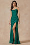 Juliet 291's Fitted Gown with Cowl Neck, Satin Corset, and Slit