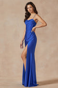 Juliet 291's Fitted Gown with Cowl Neck, Satin Corset, and Slit