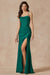 Juliet 291's Fitted Gown with Cowl Neck, Satin Corset, and Slit