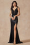 Juliet 293's Fitted Gown with Deep V-Neck, Feather Embellishments, and Slit