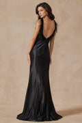 Juliet 293's Fitted Gown with Deep V-Neck, Feather Embellishments, and Slit