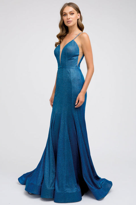 Fitted Deep V-Neck Gown with Glitters by Juliet 207