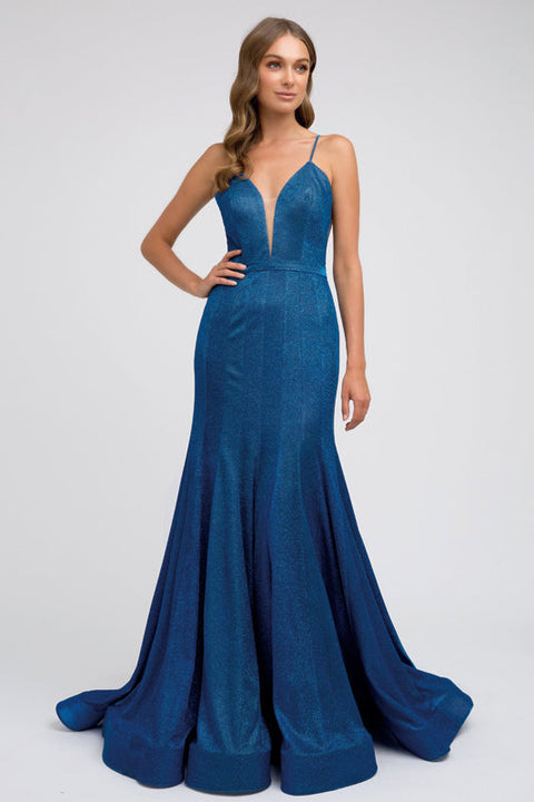 Fitted Deep V-Neck Gown with Glitters by Juliet 207