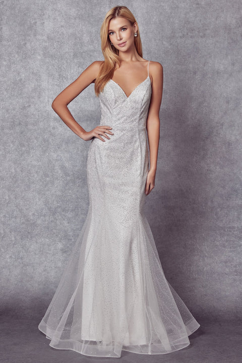 Fitted V-Neck Gown with Glitter Mesh by Juliet 271